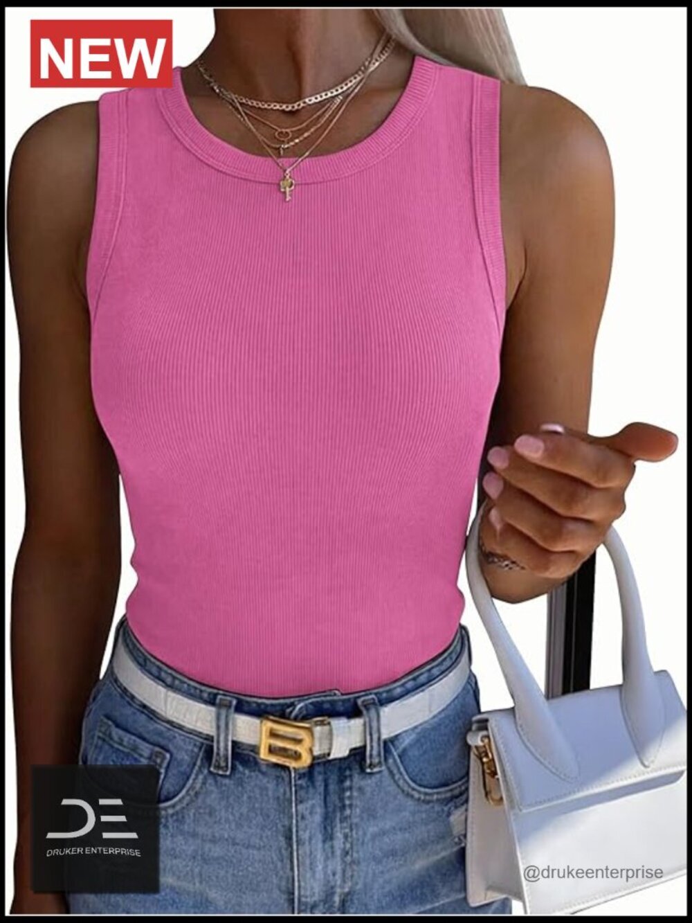 Sleeveless Crewneck Ribbed Tank Top Slim Fitted Racerback Shirt